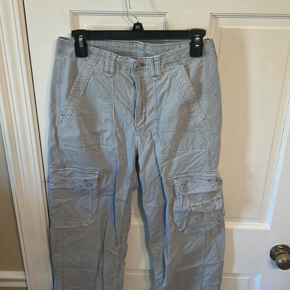 Blue/gray light color cargo pants.  American Eagle size 6